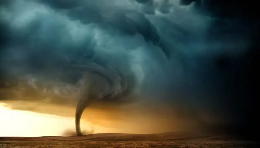 Potężny **tornado** na tle burzowych chmur. W **senniku** może symbolizować chaos, zmiany lub niekontrolowane emocje.