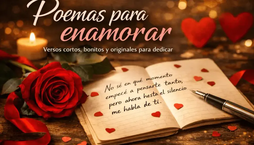 Un libro abierto con poemas de amor cortos, una rosa roja y corazones. Ideal para inspirar versos que enamoran.