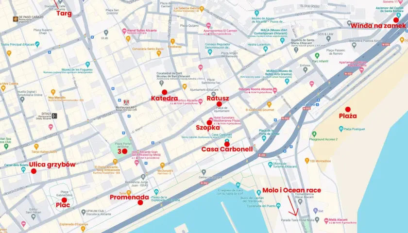 Alicante atrakcje: Winda na zamek, Targ, Katedra, Ratusz, Ulica grzybów, Promenada, Plac, Molo i Ocean race.