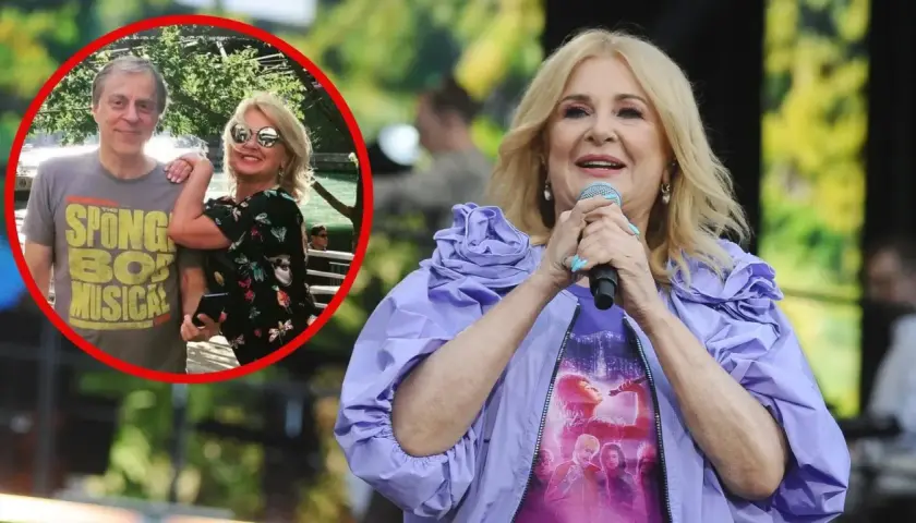 Majka Jeżowska z mężem Tomem Loganem. Ona śpiewa na scenie, on na zdjęciu w kółku.