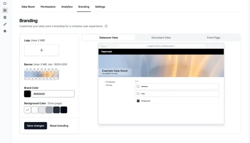 Interface de personnalisation du logiciel SI pour un "Virtual Data Room". Permet de définir logo, bannière, couleurs de marque et de fond.