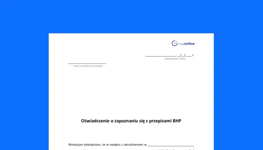 Oświadczenie o zapoznaniu się z przepisami BHP. Dokument potwierdza znajomość zasad bezpieczeństwa i higieny pracy.
