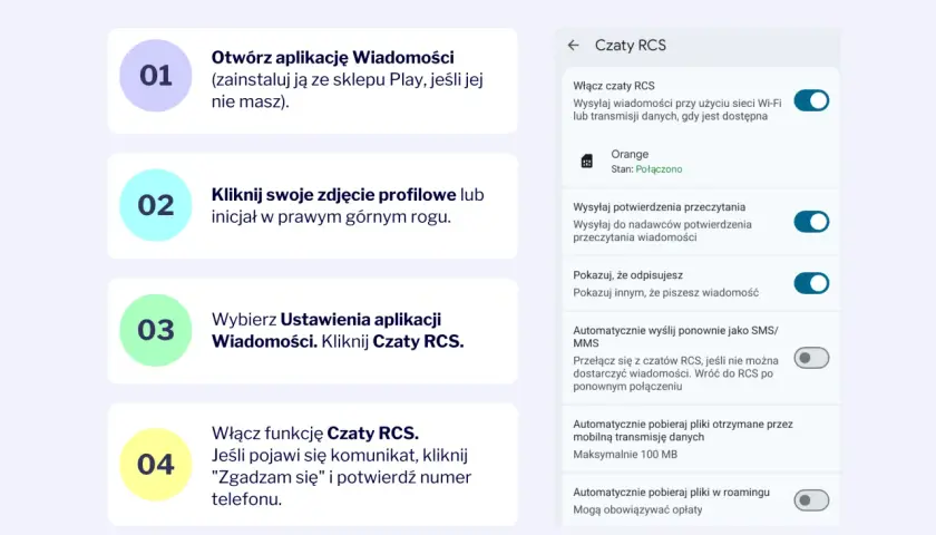 Instrukcja włączania czatów RCS w aplikacji Wiadomości Google. Ustawienia pozwalają na wysyłanie wiadomości SMS/MMS.
