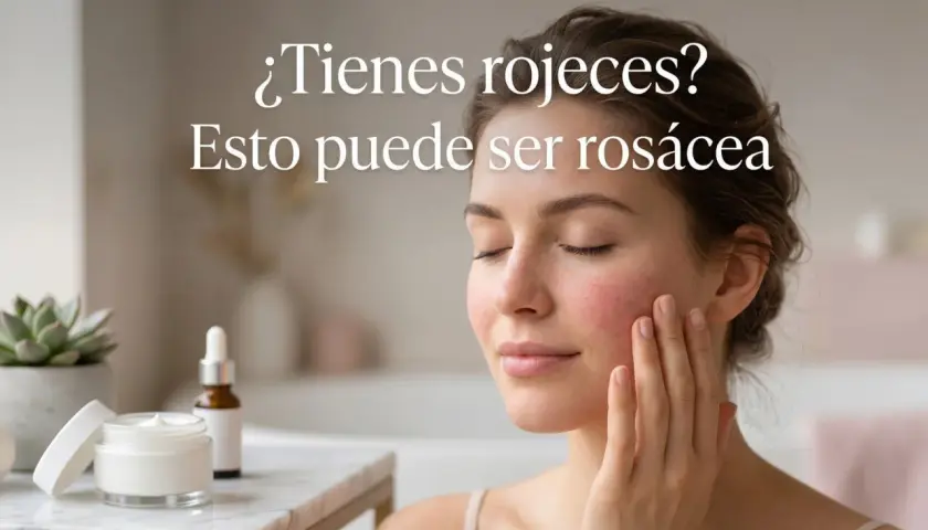 Mujer con mejillas enrojecidas, posible rosacea. Cuidado de la piel con crema y sérum.
