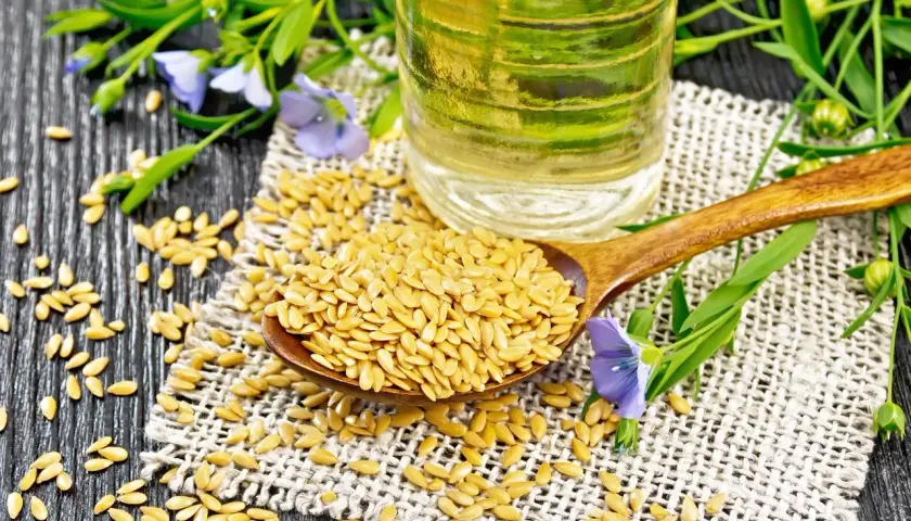 Semi di lino dorati su un cucchiaio di legno, con una bottiglia di olio di lino e fiori di lino sullo sfondo.
