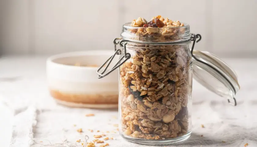 Barattolo di vetro pieno di granola fatta in casa, con fiocchi d'avena, frutta secca e noci.
