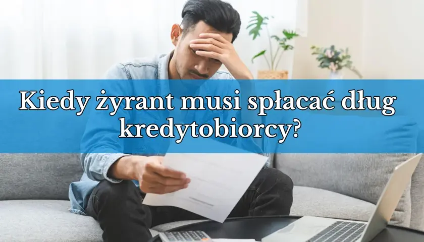 Zmartwiony mężczyzna z dokumentami i kalkulatorem. Kiedy żyrant musi spłacać dług kredytobiorcy?