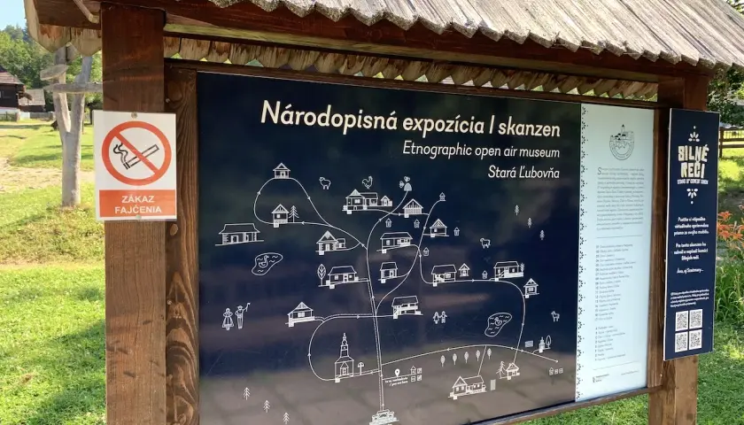 Mapa skansenu w Starej Lubovli. Tablica informacyjna z mapą etnograficznego muzeum na wolnym powietrzu.