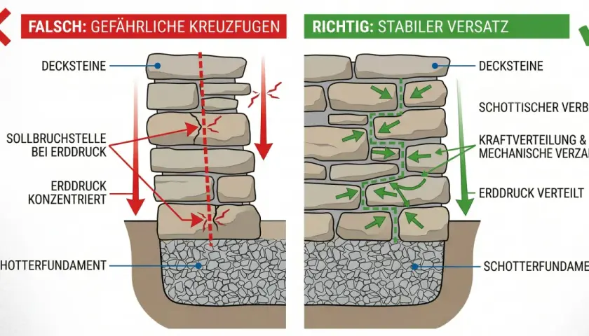 Vergleich: Falsch (gefährliche Kreuzfugen) und richtig (stabiler Versatz) beim Trockenmauer bauen. Die richtige Methode verteilt den Erddruck.