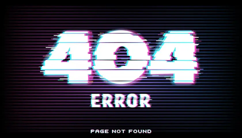 Cyfrowy błąd 404 z efektem glitch. Strona nie została odnaleziona, jakby zaginęła w cyfrowej otchłani.