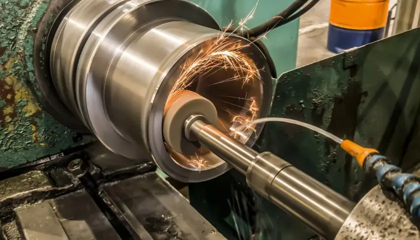 Precyzyjne szlifowanie płaszczyzn cylindrycznego elementu metalowego, iskry sypią się spod ściernicy.