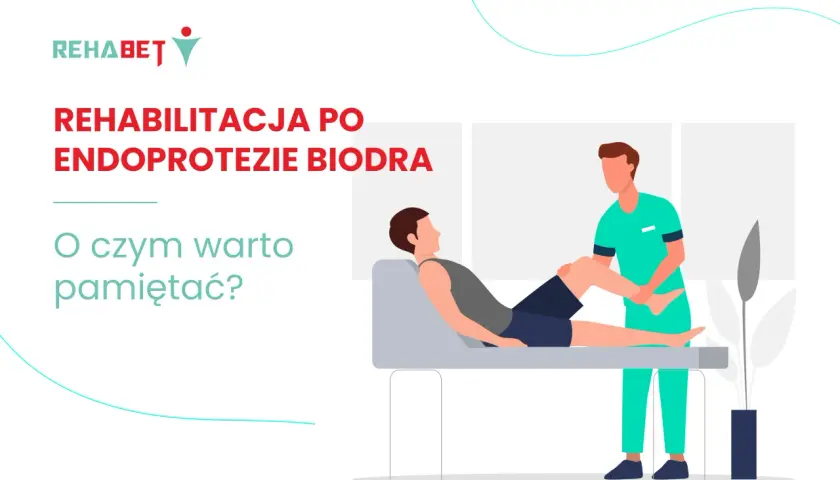 Rehabilitacja po endoprotezie stawu biodrowego: fizjoterapeuta pomaga pacjentowi w ćwiczeniach.