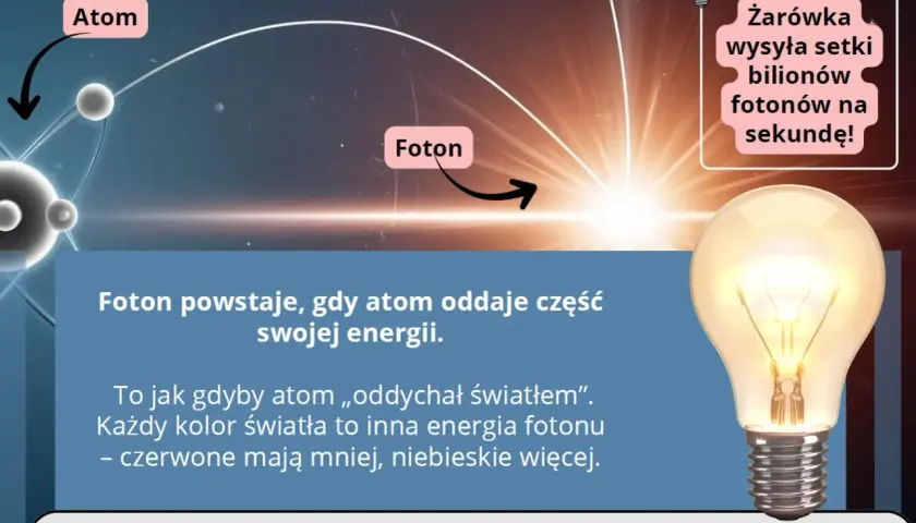 Atom oddaje energię, tworząc foton. Żarówka emituje biliony fotonów na sekundę.