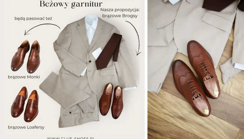 Beżowy garnitur i różne propozycje brązowych butów: Monki, Loafersy i Brogsy. Idealne buty do beżowego garnituru.