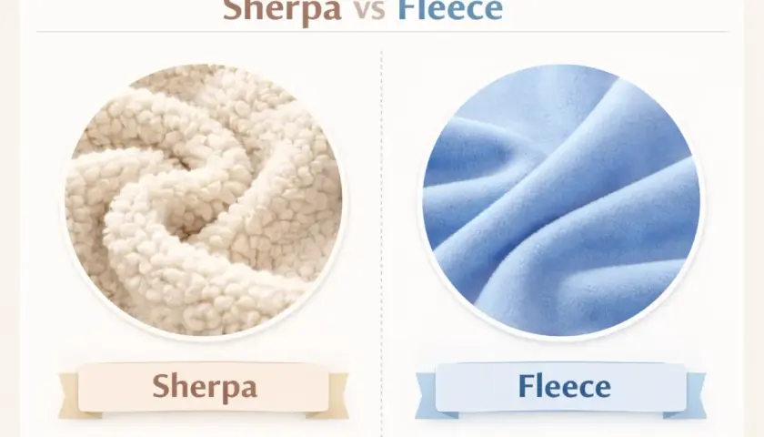 Close-up of sherpa fleece vs. smooth fleece. Is sherpa fleece vegan? This image shows the textures of both, with sherpa on the left and fleece on the right.