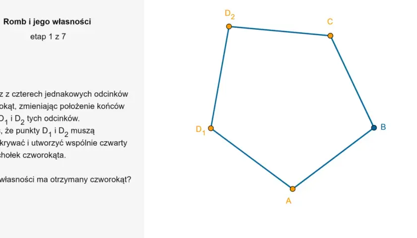 Geometryczny przykład, jak inaczej o rombie. Czworokąt ABCD z równymi bokami.