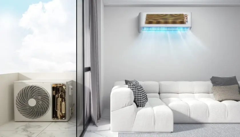 Unidad exterior de aire acondicionado con compresor visible. ¿Cuánto pesa un compresor de aire acondicionado? La unidad interior emite aire frío.