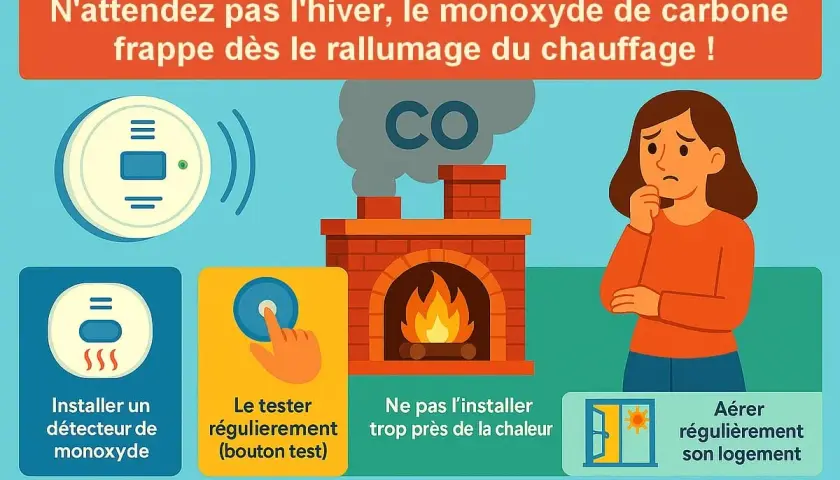 Installer un détecteur de monoxyde de carbone, le tester et aérer son logement pour éviter le danger.