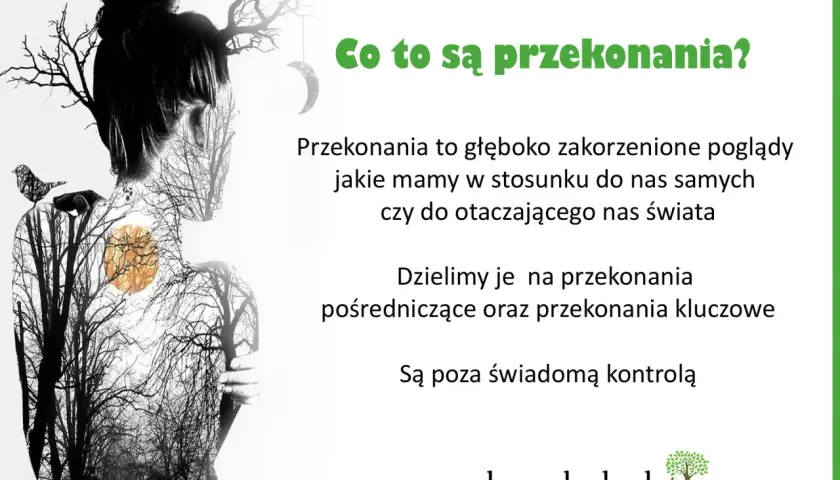 Przekonania kluczowe przykłady: głęboko zakorzenione poglądy o sobie i świecie, poza świadomą kontrolą. Sylwetka kobiety z lasem w środku.