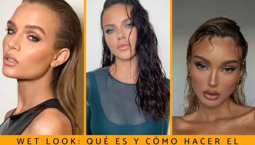 Tres modelos lucen peinados con pelo efecto mojado, un look moderno y sofisticado.