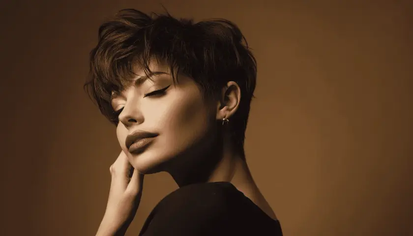 Kobieta z modnym pixie cut, z zamkniętymi oczami i dłonią przy policzku, w sepii.