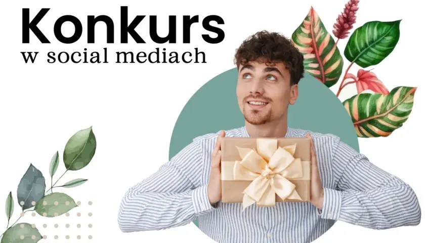 Uśmiechnięty mężczyzna z prezentem w rękach, zapraszający do udziału w konkursie na Instagramie.