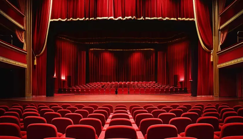Czerwone aksamitne fotele i zasłony w teatrze rozrywki w Chorzowie czekają na widzów.