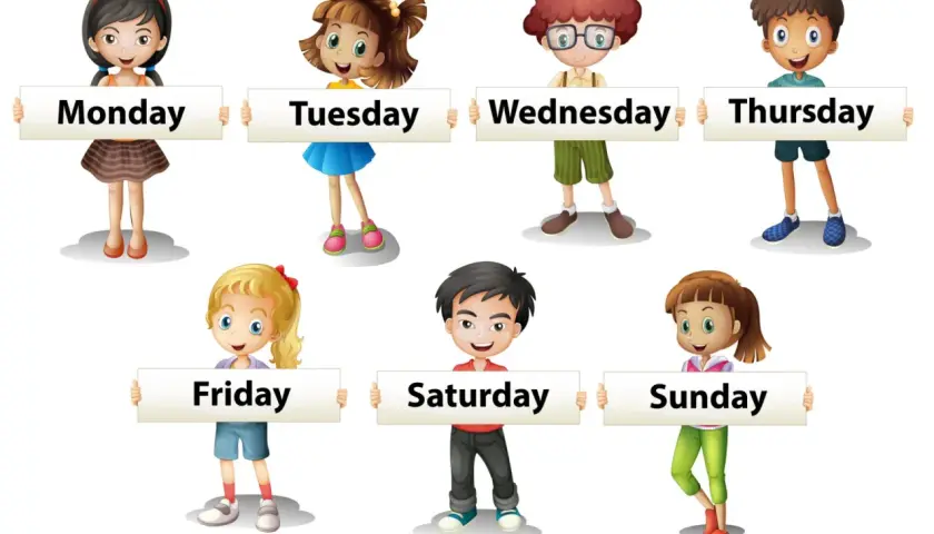 Bambini sorridenti presentano i giorni della settimana in inglese, come in una canzone: Monday, Tuesday, Wednesday, Thursday, Friday, Saturday, Sunday.