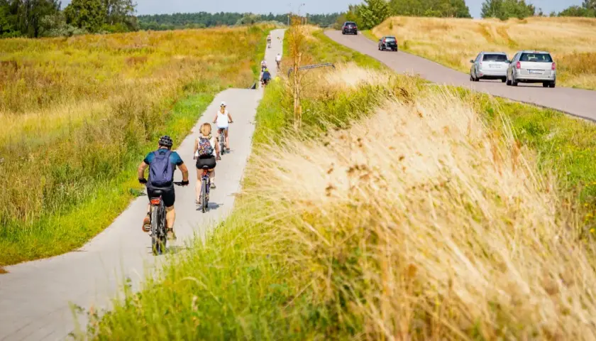 Ludzie na rowerach przemierzają malownicze mazury trasy rowerowe, otoczeni złotymi polami.