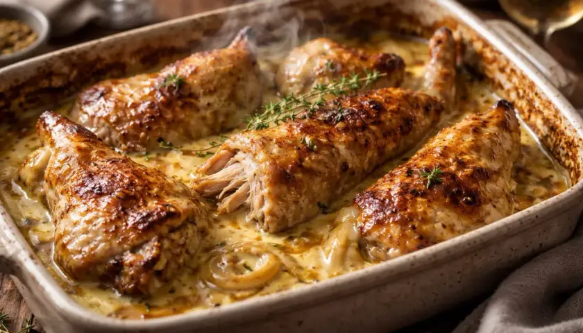 Morceaux de lapin à la moutarde, dorés et tendres, mijotant dans une sauce crémeuse et fumante, ornés de brins de thym frais.