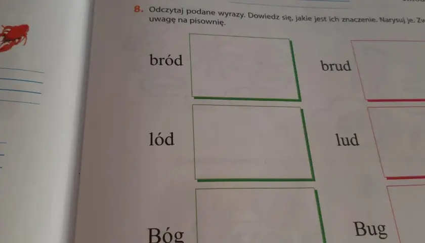 Zadanie z polskiego porównuje wyrazy "bród" i "brud". Obok są też "lód" i "lud", a na górze rysunek raków.