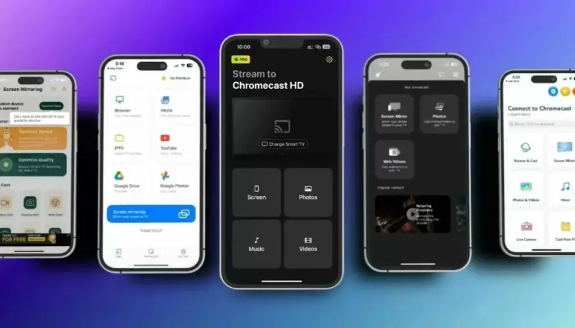 Aplikacje na telefonach pokazują, jak zduplikować ekran na telewizorze. Opcje obejmują Screen Mirroring, przeglądarkę, media i inne.