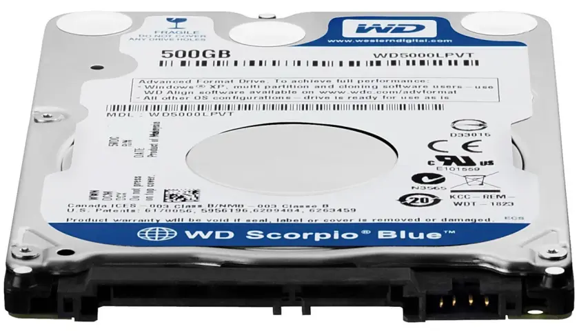 WD Scorpio Blue 500GB Festplatte. Ein Blick auf die technischen Daten und das Logo.