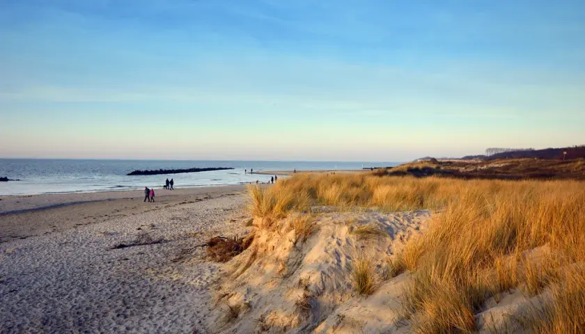 Spacer po plaży z wydmami i morzem. Ciepłe światło zachodzącego słońca, ludzie spacerują. To pokazuje, dlaczego Bałtyk nie zamarza.