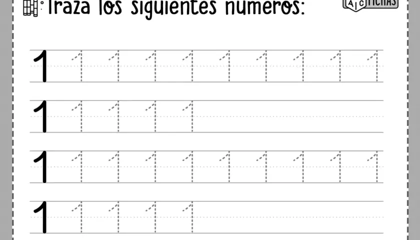 Hoja de caligrafía para practicar la escritura del número 1. Incluye líneas punteadas para trazar el número 1.