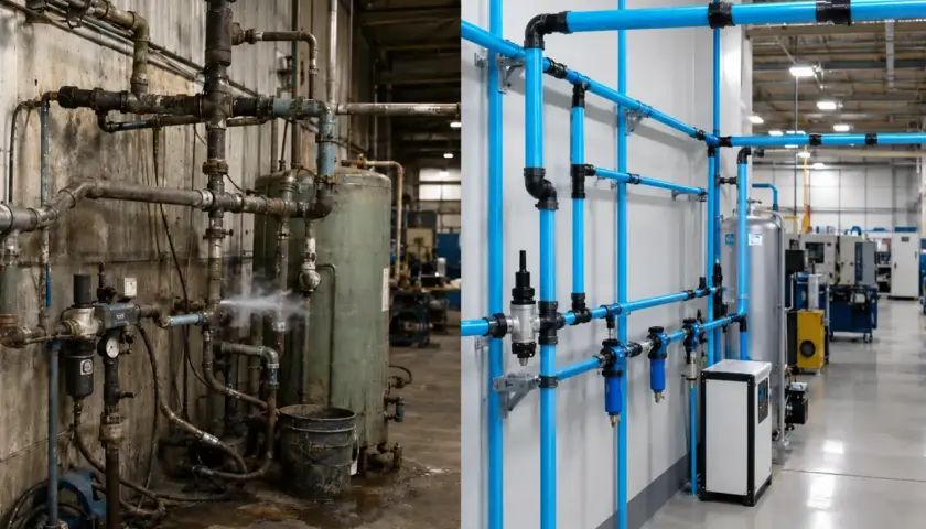 Comparación de instalaciones de aire comprimido: a la izquierda, un sistema antiguo y oxidado con fugas; a la derecha, un sistema moderno y eficiente.
