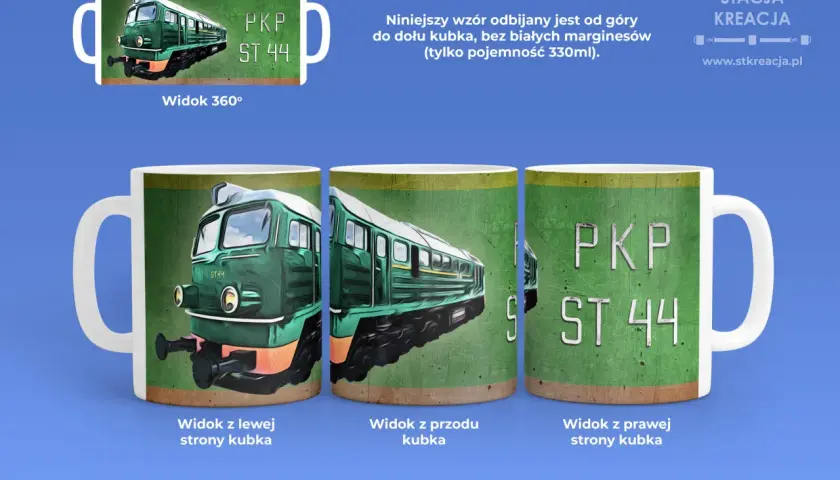 Kubek z motywem lokomotywy ST44 PKP Cargo. Widok z przodu, lewej i prawej strony.