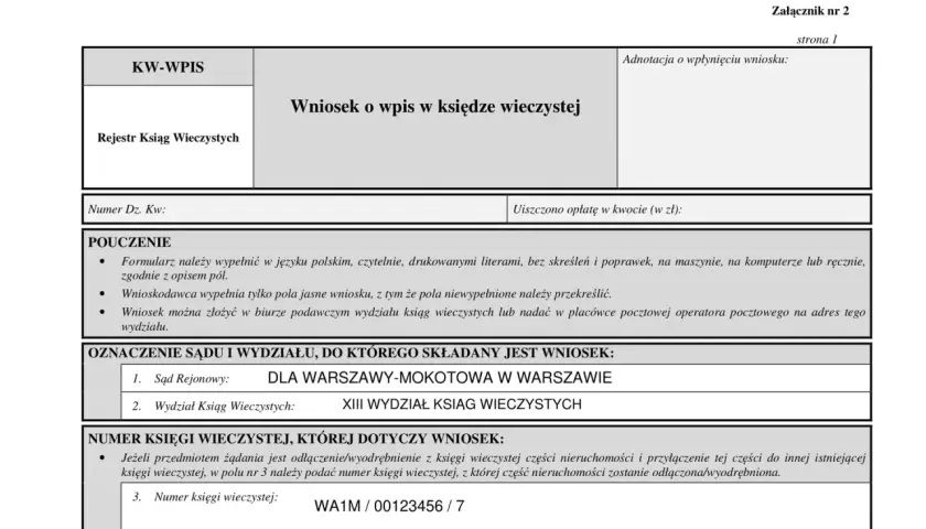 Formularz wniosku o wpis w księdze wieczystej, dotyczący numeru WA1M/00123456/7. Wniosek o wykreślenie hipoteki.