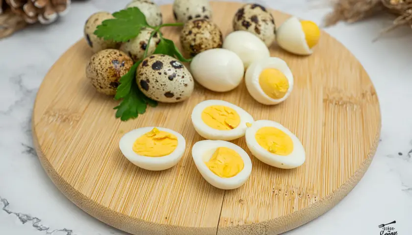 Huevos de codorniz cocidos y cortados por la mitad, mostrando sus yemas amarillas. Unos pocos huevos enteros y ramitas de perejil completan la escena.
