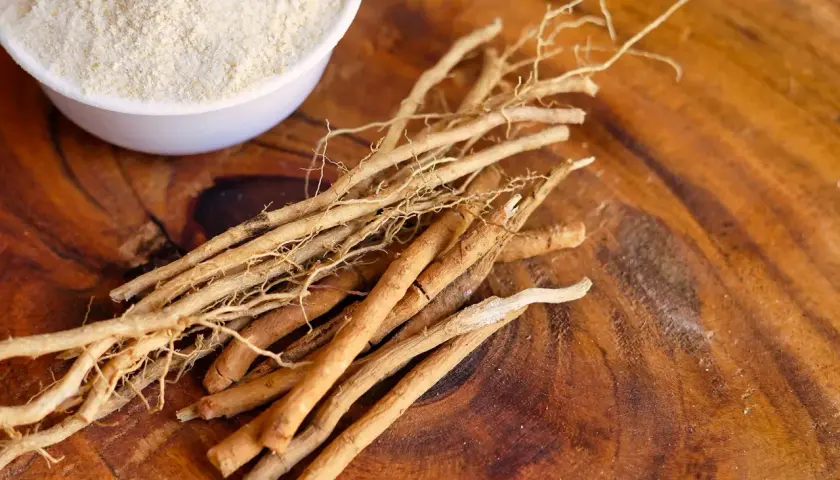 Ashwagandha-Wurzeln und Pulver auf Holz. Mögliche Ashwagandha Nebenwirkungen Haut sind selten, aber bei Einnahme zu beachten.