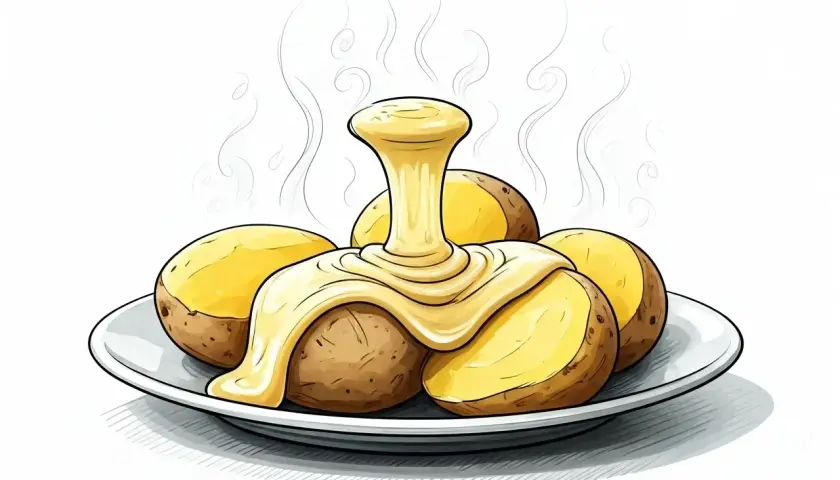 Pommes de terre chaudes nappées de fromage fondant, un délice qui évoque la raclette, synonyme de convivialité et de saveurs réconfortantes.