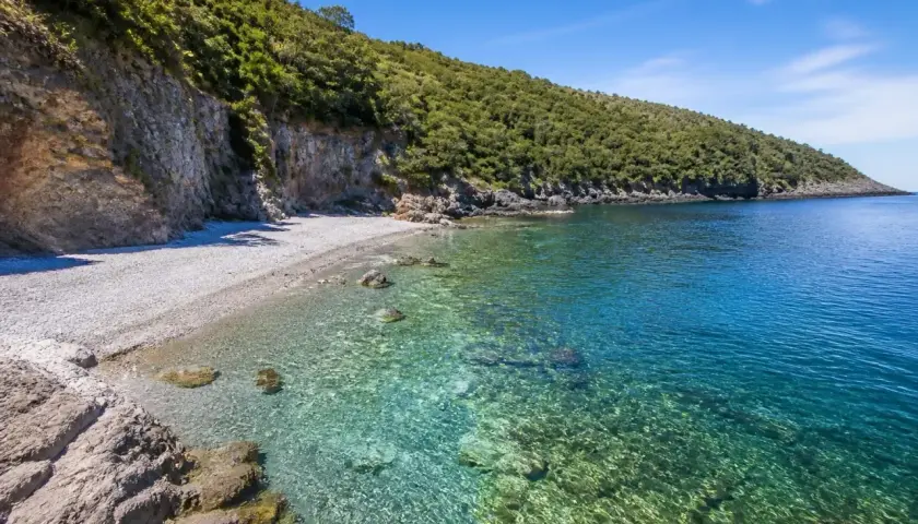 Spiaggia Maratea: scogliera verdeggiante, ciottoli bianchi e acque cristalline che invitano a un tuffo.