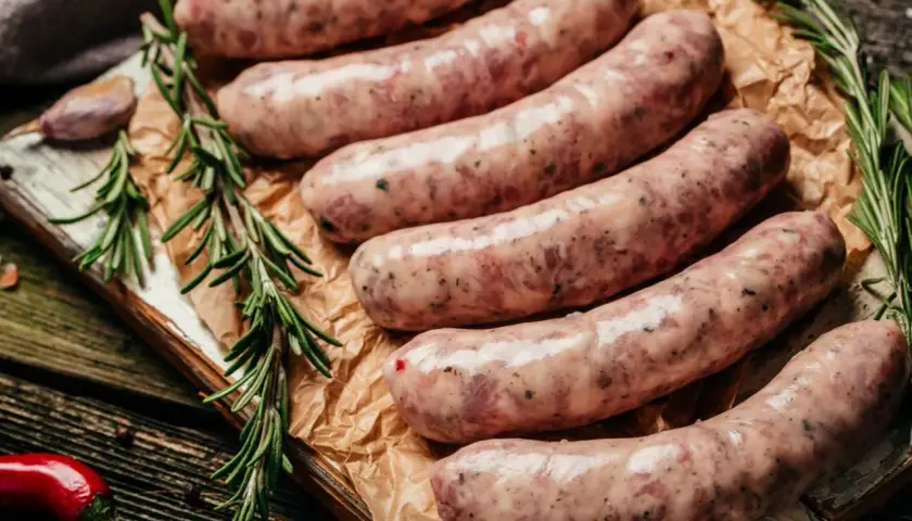 Surowa, świeża kiełbasa na desce, z gałązkami rozmarynu i papryczką chili. Zastanawiasz się, ile kiełbasa może być w zamrażarce?