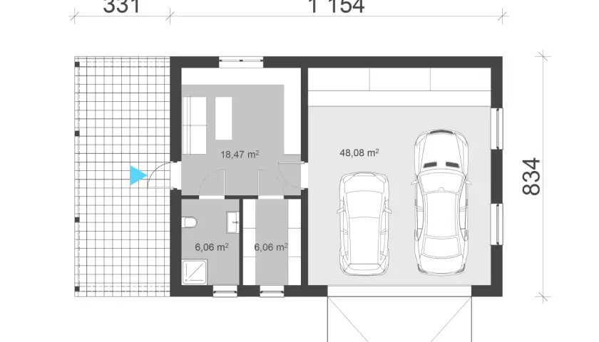 Rzut parteru garażu dwustanowiskowego o wymiarach 8,34m x 4,8m, z miejscem na dwa samochody (48,08 m²), pomieszczeniem gospodarczym (18,47 m²) i łazienką.