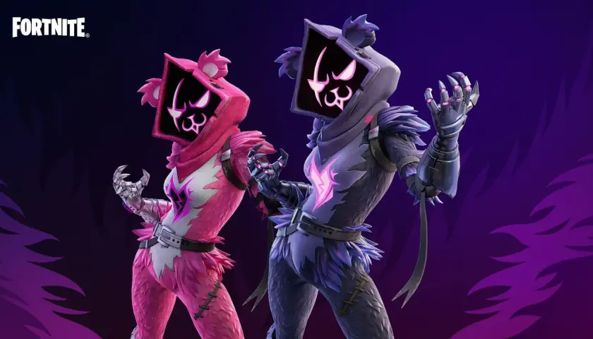 Dwie postacie z Fortnite: różowa i fioletowa, obie z maskami w kształcie głowy niedźwiedzia i neonowymi wzorami.
