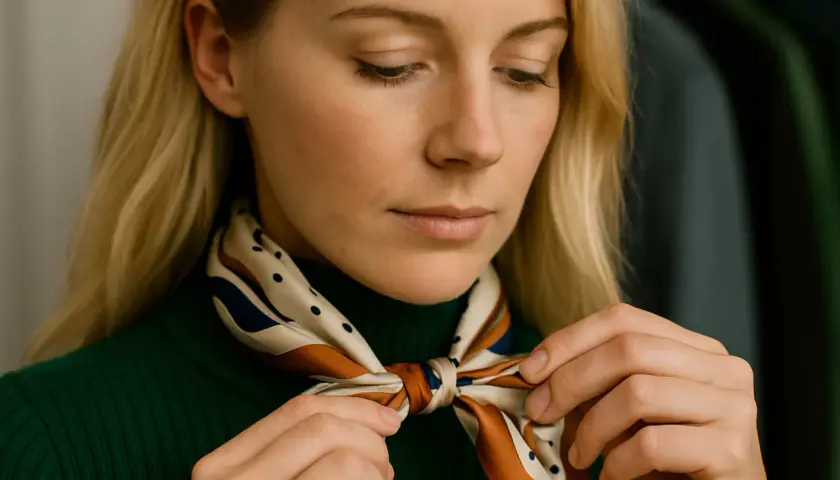 Blondynka w zielonym golfie uczy się, jak wiązać apaszki, tworząc elegancki węzeł.