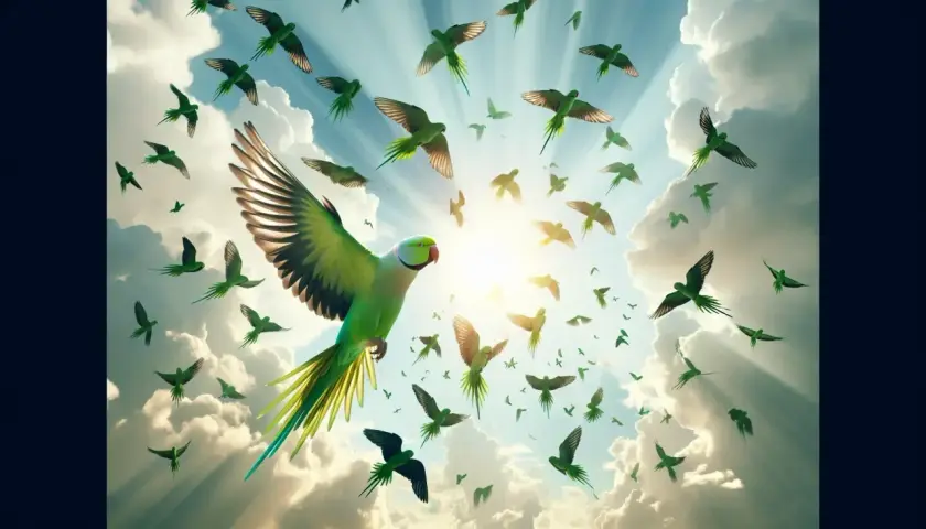 Un gran loro verde lidera una bandada de loros en el cielo azul, un sueño con loros que parece una visión celestial.