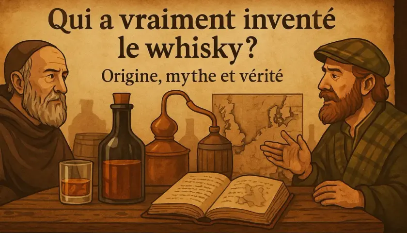 Deux hommes discutent de l'origine du whisky, avec un alambic, une bouteille et un livre ouvert sur une carte.