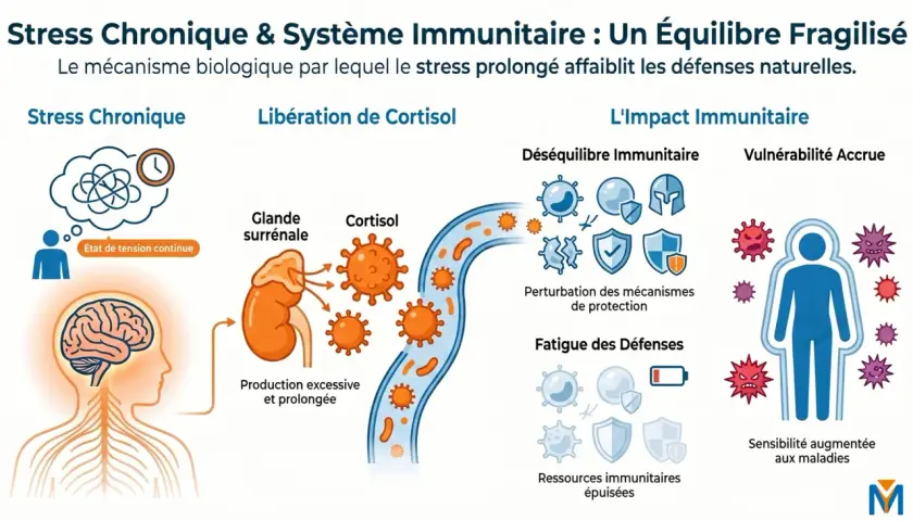Le stress chronique épuise les ressources immunitaires, affaiblissant les défenses naturelles et augmentant la vulnérabilité aux maladies.