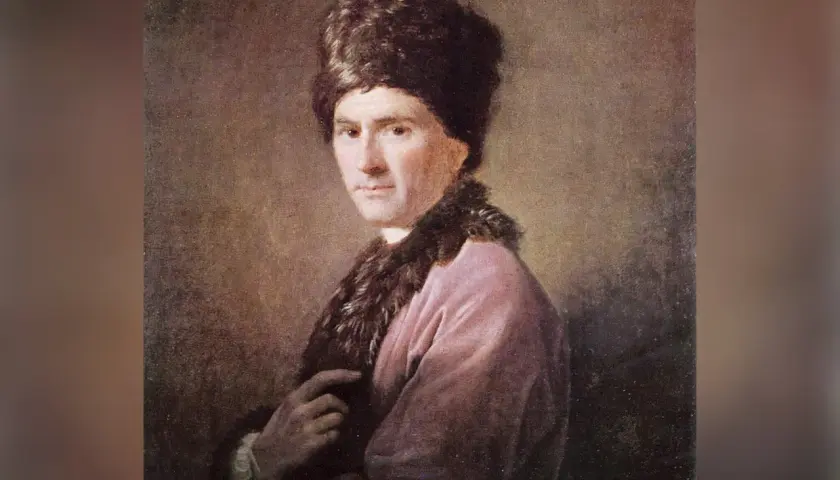 Portret Jeana-Jacques'a Rousseau w futrzanej czapie i różowej szacie, myślącego o swoich książkach.